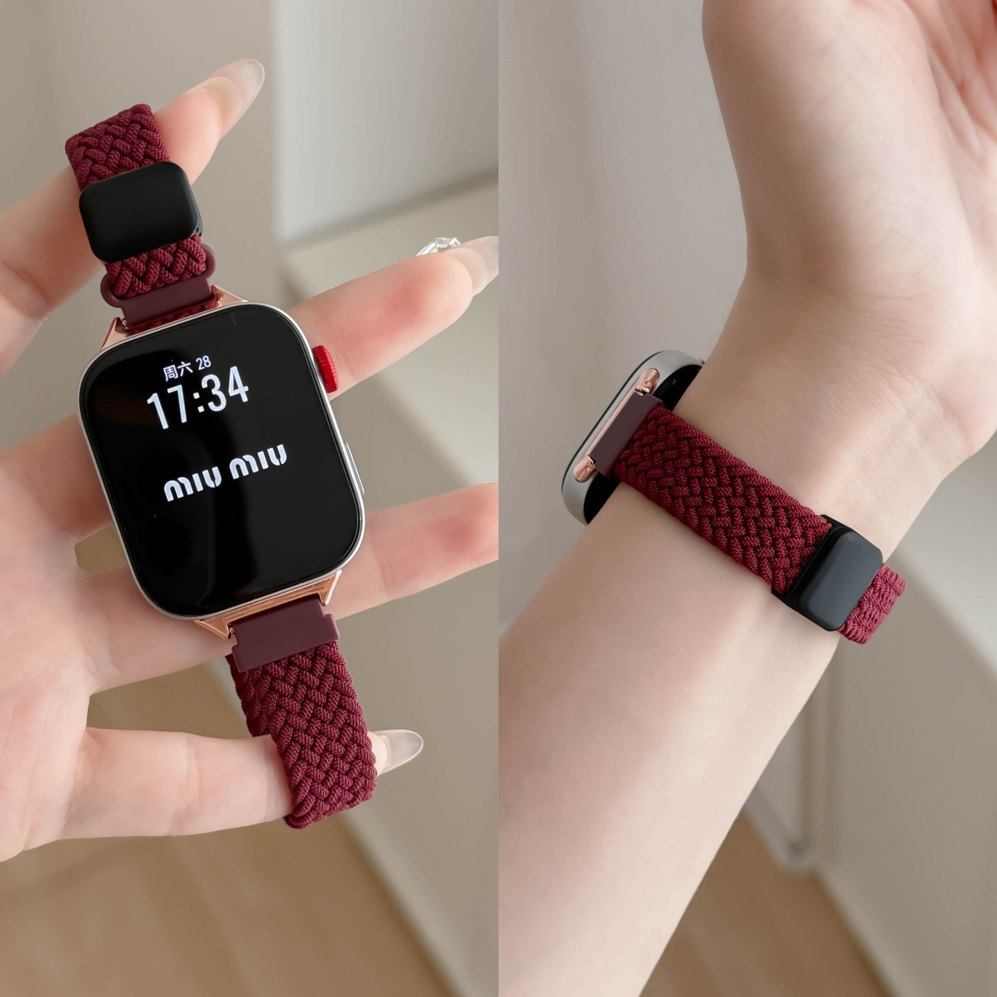 新款酒红色适用红米watch6手表带redmiwatch54腕带女细款尼龙编织小米手环9pro表带8Pro智能运动磁吸夏天透气