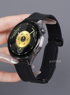 适用华为GT6表带watchgt5手表GT4疯马纹Watch5真皮腕带GT3pro运动磁吸扣2E男女士新款荣耀智能透气黑色替换带
