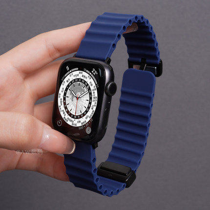 适用iwatch10表带S9苹果S8手表7波浪纹硅胶applewatch10金属磁吸男款46mm夏天6智能运动se高级深蓝色ultra2/1