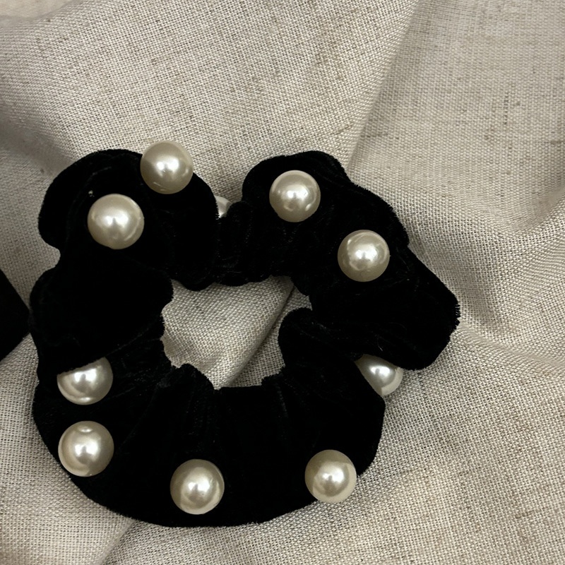 百搭小香风黑色丝绒蝴蝶结飘带中肠发圈珍珠发绳丸子头马尾皮筋