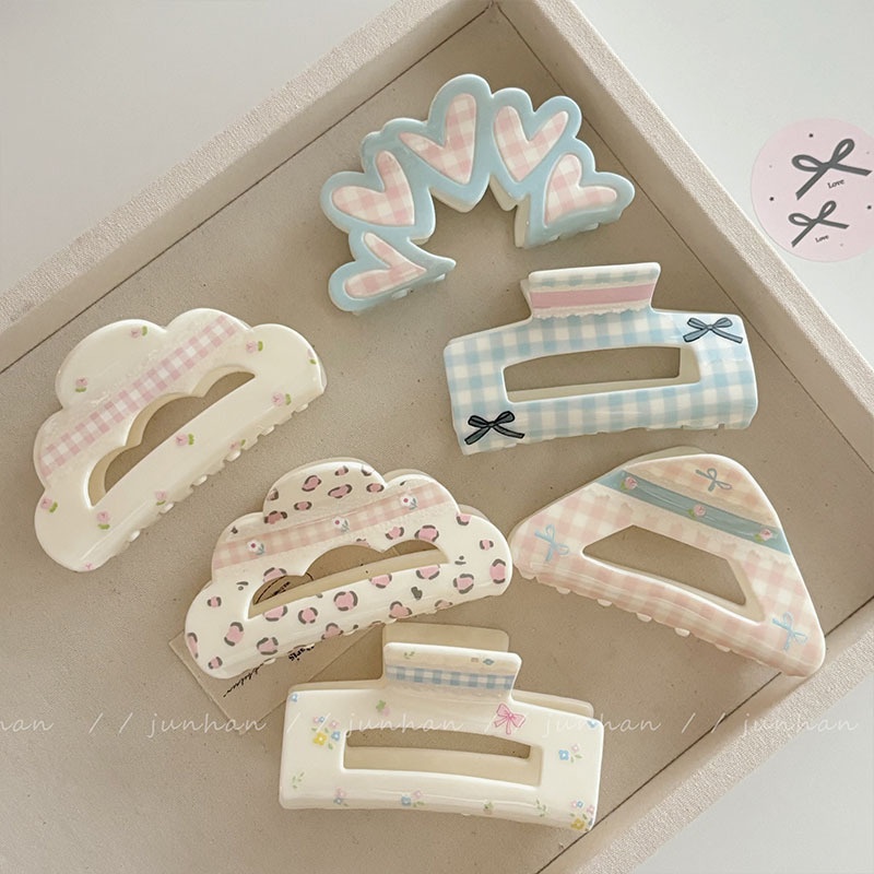 奶油少女系列发夹碎花格纹发抓蝴蝶结抓夹亚克力鲨鱼夹后脑勺盘发