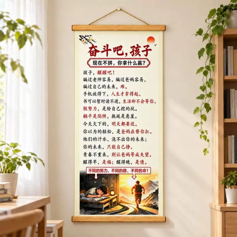 奋斗吧孩子励志书法卷轴挂画书法挂画客厅玄关书房房间墙面装饰画