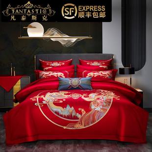 高档全棉婚庆十件套龙凤刺绣大红结婚喜被高端陪嫁床上用品 新中式