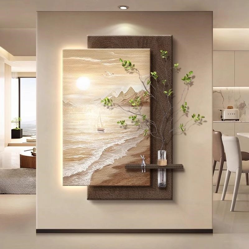 海景玄关侘寂风装饰画带灯水培绿植客厅走廊过道壁画2025新款挂画