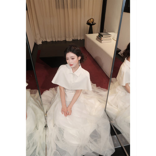 刘智贤【济州晚风】千金赫本风米色斗篷网纱长裙春夏套装女三件套