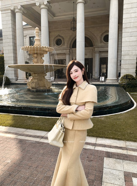 刘智贤【夕照金庭】富贵千金气质斗篷小香外套+鱼尾裙秋冬套装女