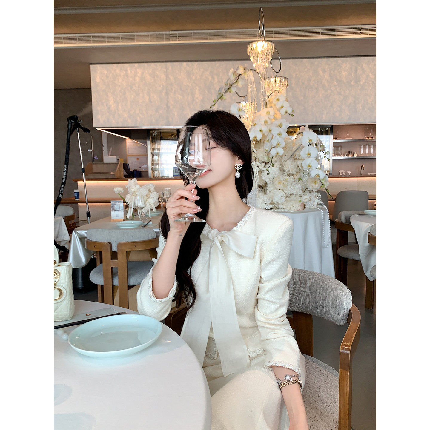 刘智贤【白雾名媛】富家千金小香风长袖连衣裙气质收腰鱼尾裙春装
