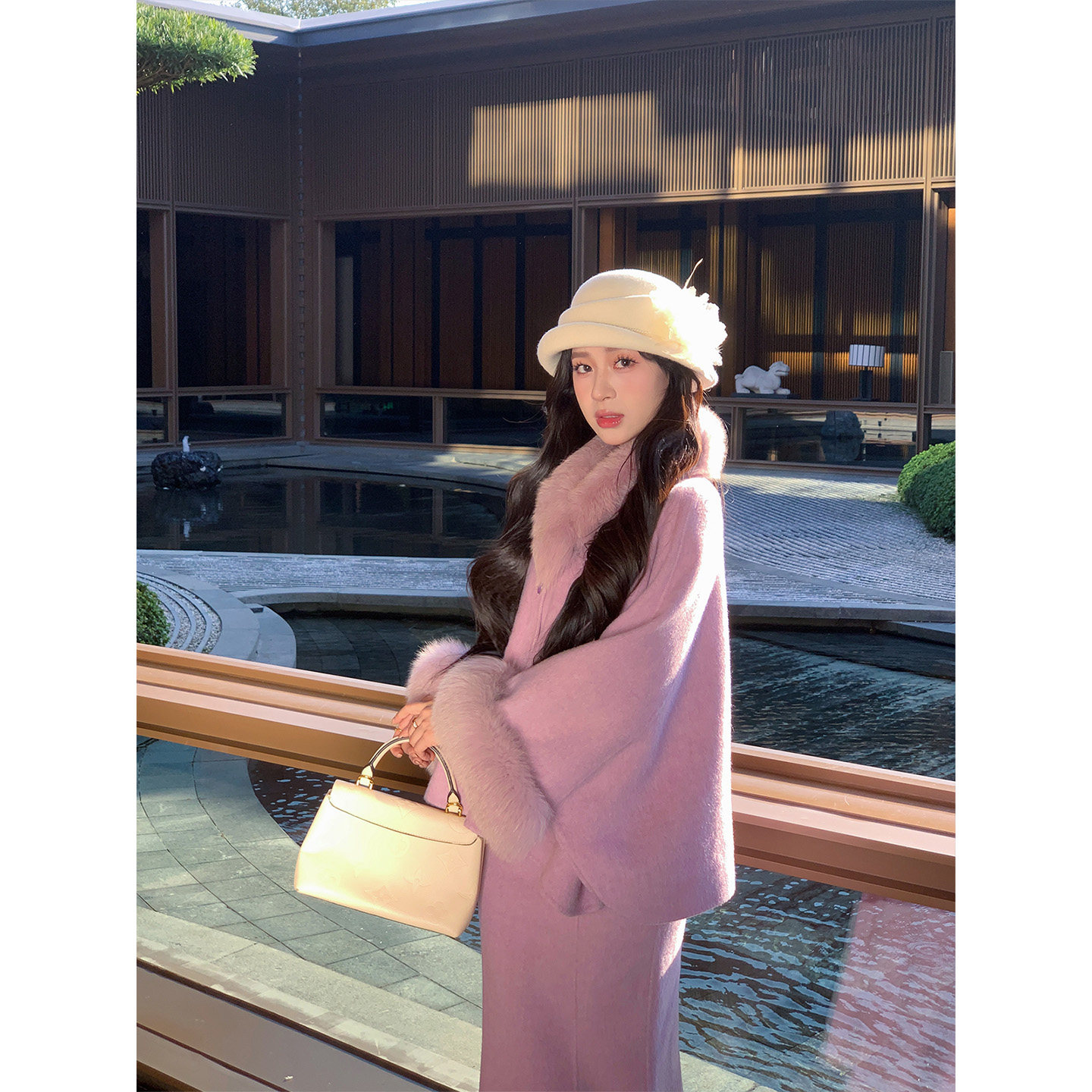 刘智贤【风铃花蕊】昭和千金短款紫色斗篷大衣毛呢外套羊毛套装女