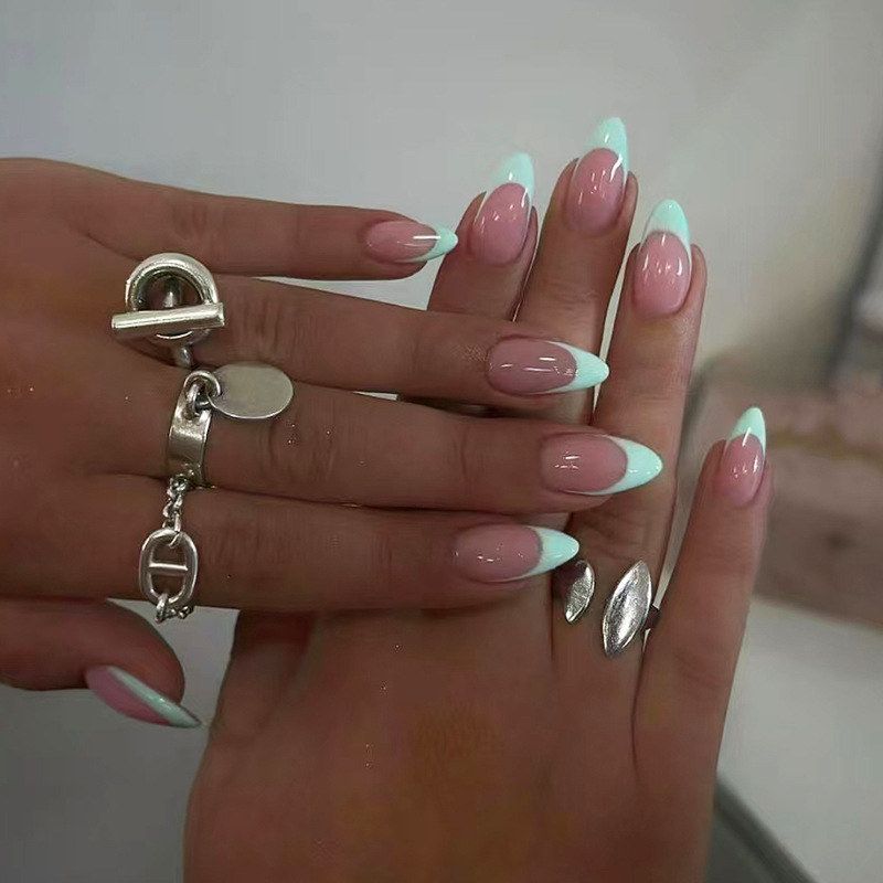 外贸假指甲简约穿戴甲可拆卸美甲片薄荷绿指甲片指甲贴片30片