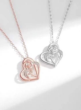跨境欧美心形玫瑰花项链女设计感锁骨链微镶锆石双爱心吊坠