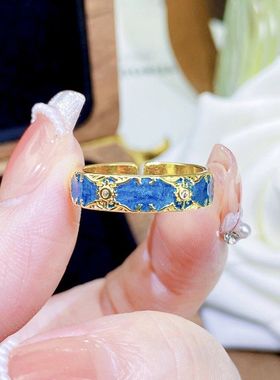 小众珐琅工艺花纹唯美设计感高级精致仙女气质只取青绿珐琅戒指