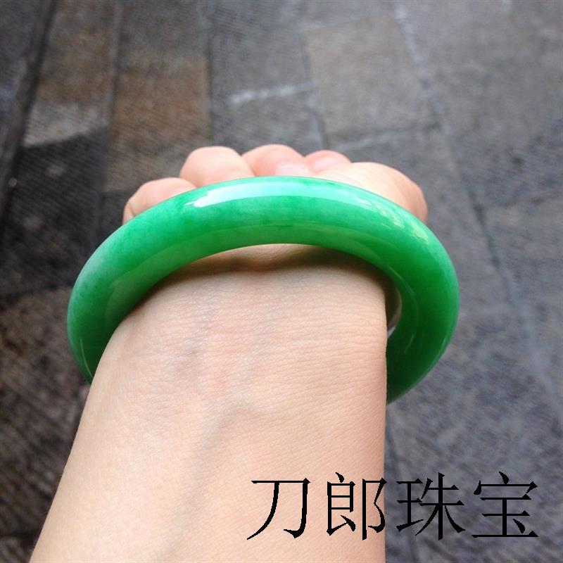 翡翠色阳绿圆条手镯高端缅甸老坑翡翠色冰糯种满绿玉镯子女款玉手