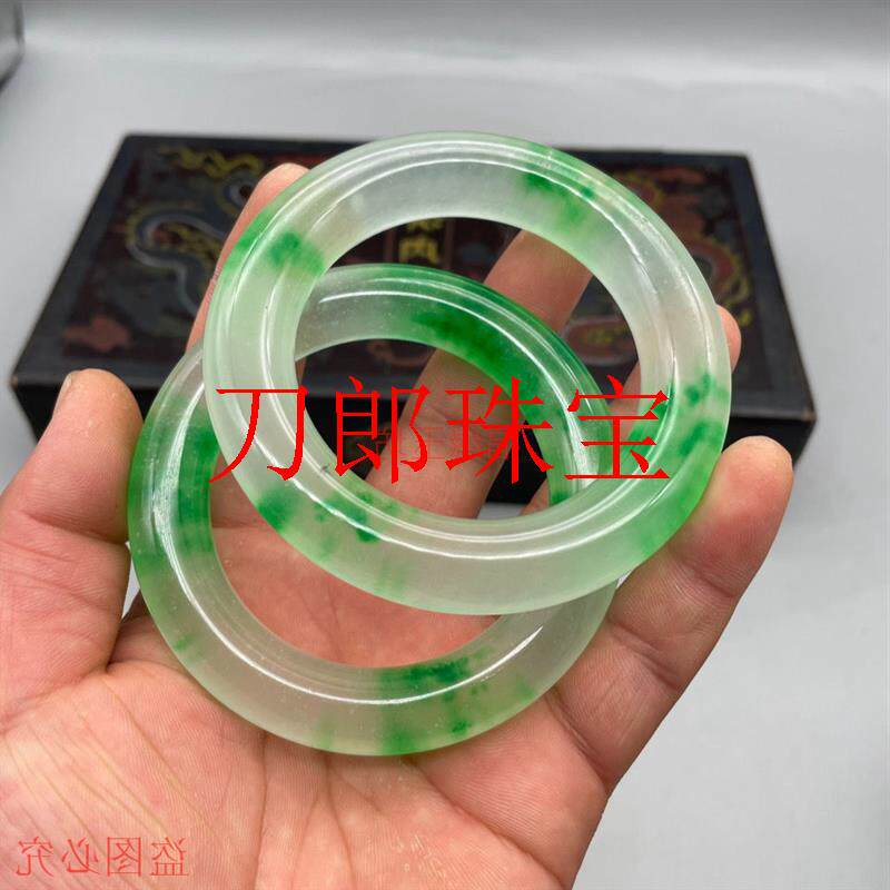精选品缅甸翡翠色冰种老坑手镯老翡翠色宽边飘花玉手镯子一对女款