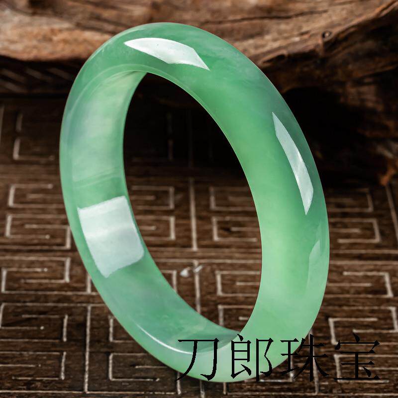 冰种翡翠手镯飘绿镯子阳绿玉镯宽版细条浅绿贵妃镯油青玉手镯送礼