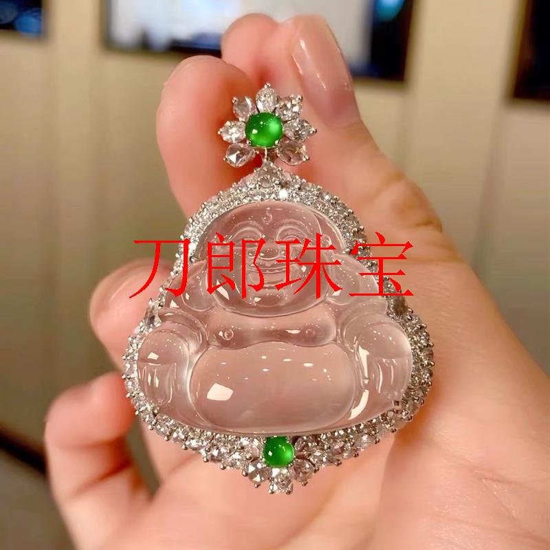 高精选缅甸冰种翡翠色白冰佛公吊坠镶嵌佛公观音吊坠百搭颈饰挂件