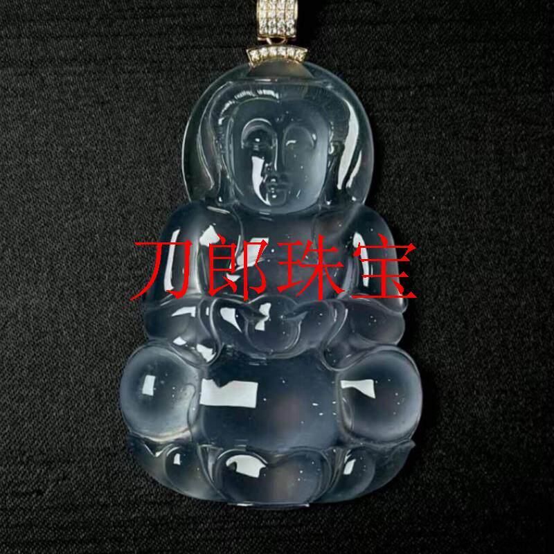 缅甸冰种白月光翡翠色观音吊坠缅甸玻璃种金镶嵌观世音菩萨玉坠子