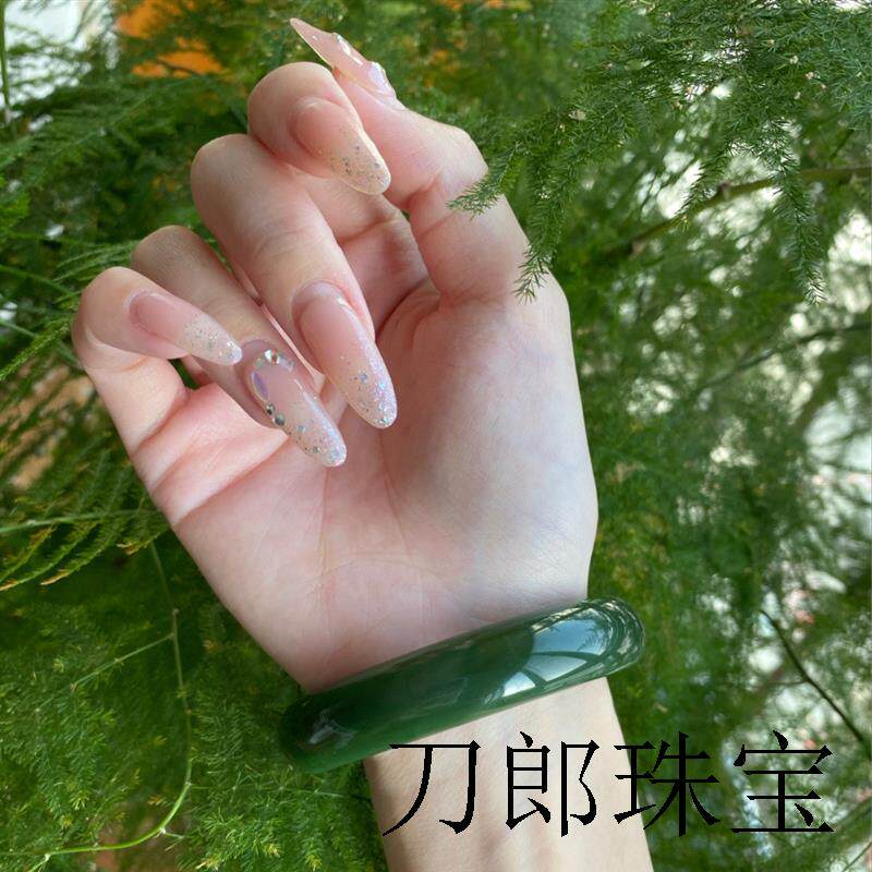 新疆和田玉正圈宽条菠菜绿玉手镯冰底满色碧玉镯子贵妃镯女款饰品