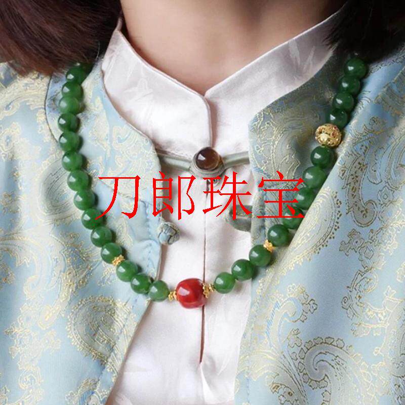 俄罗斯碧玉阳绿圆珠大颗粒项链和田玉菠菜绿原创新中式国风锁骨链