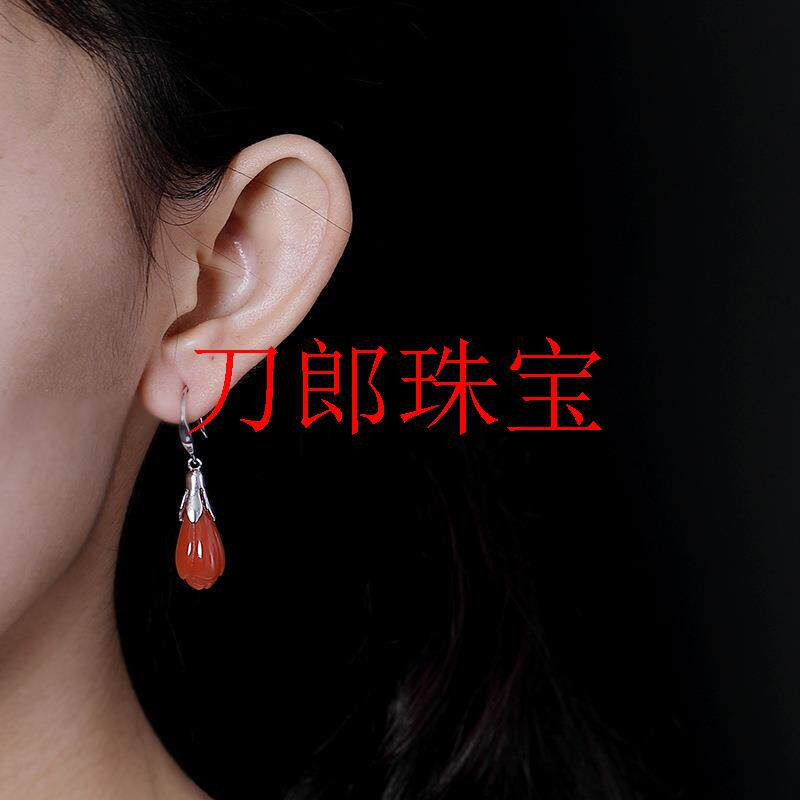复古镶嵌银饰老矿南红玛瑙个性兰花少女款式耳坠耳饰饰品耳环送礼