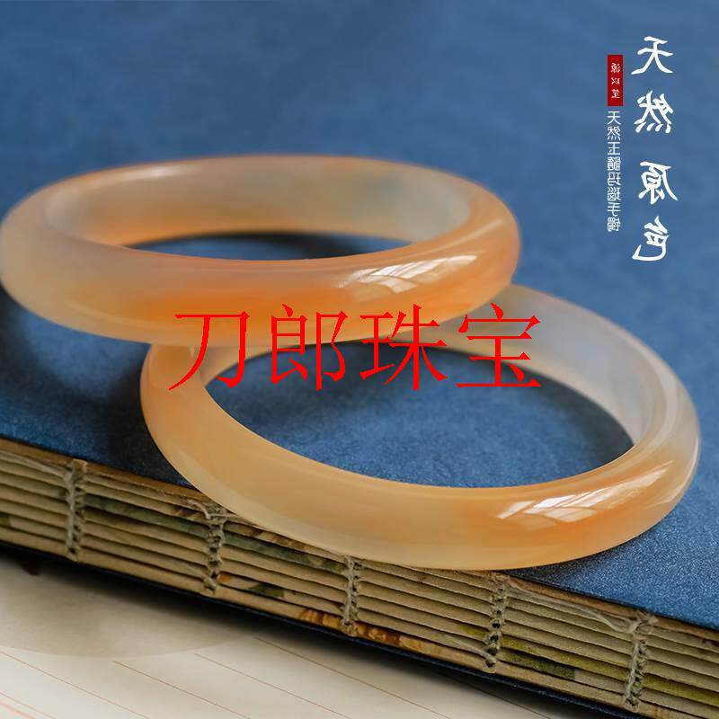 老矿高冰玉髓手镯冰种飘花手镯子甜美少女款蜜桃色窄条玛瑙手饰品