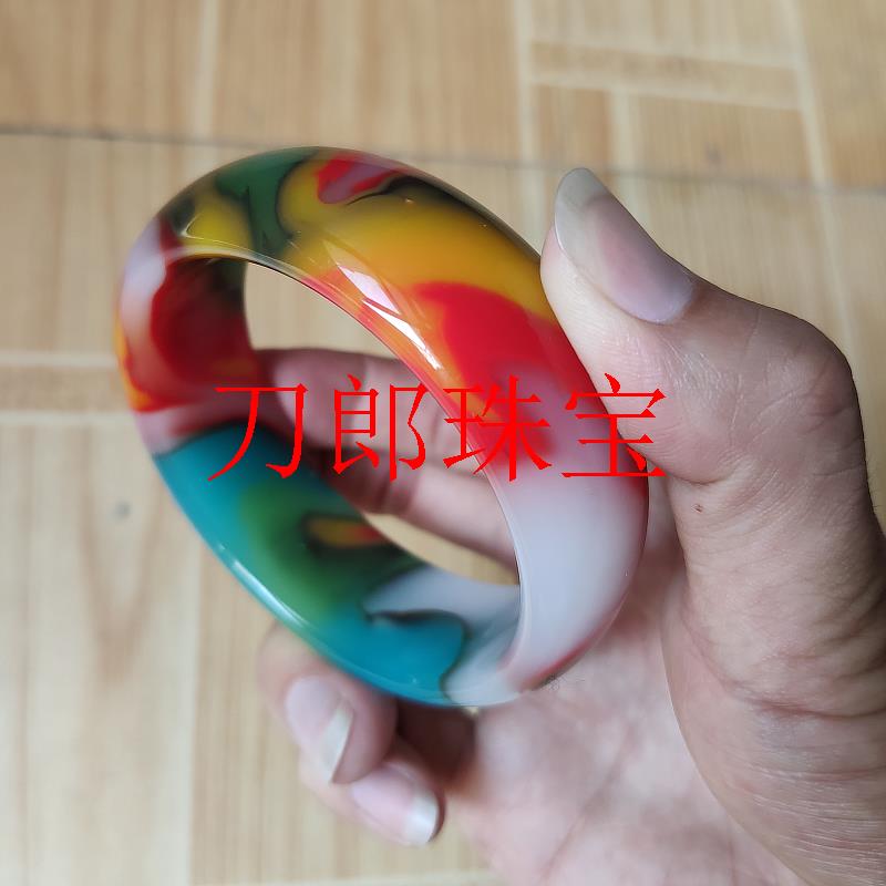 新疆精选级金丝玉手镯子加宽加厚飘花七彩玉石红手镯送礼品送亲友