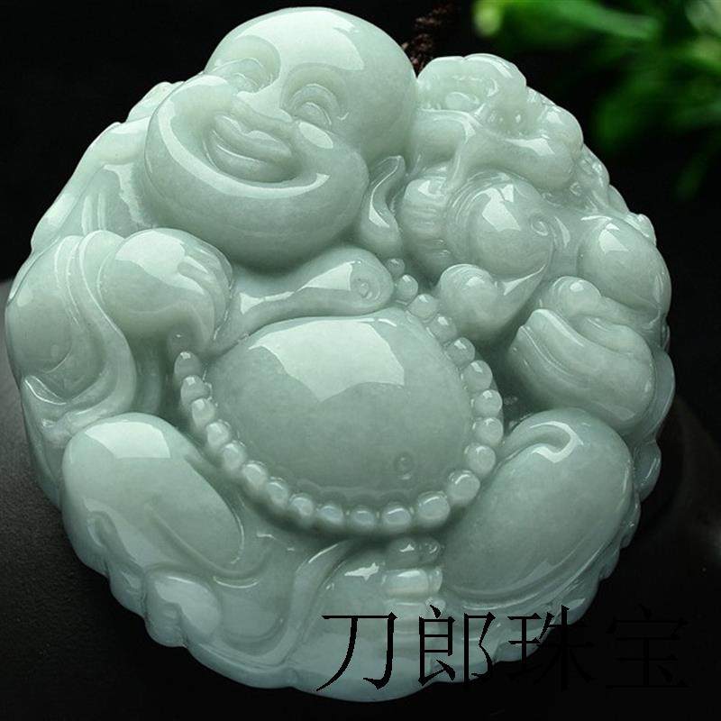 高端缅甸翡翠A货招财佛吊坠翡翠色貔貅佛挂件毛衣链玉石挂件带证