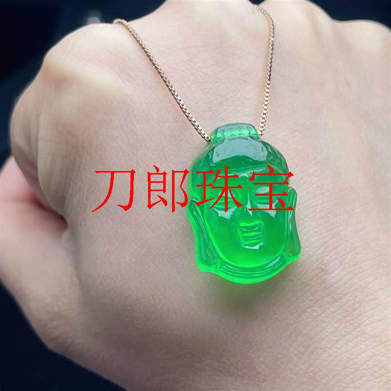 缅甸翡翠色佛头吊坠冰种满绿弥勒佛玉坠颈饰玉佛公男女百搭款项链