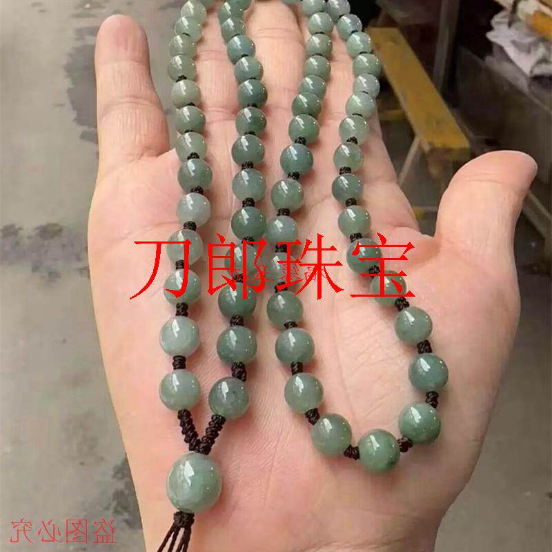 缅甸翡翠色冰糯种手工编织绳项链圆珠油青玉石挂件珠链男女款挂绳