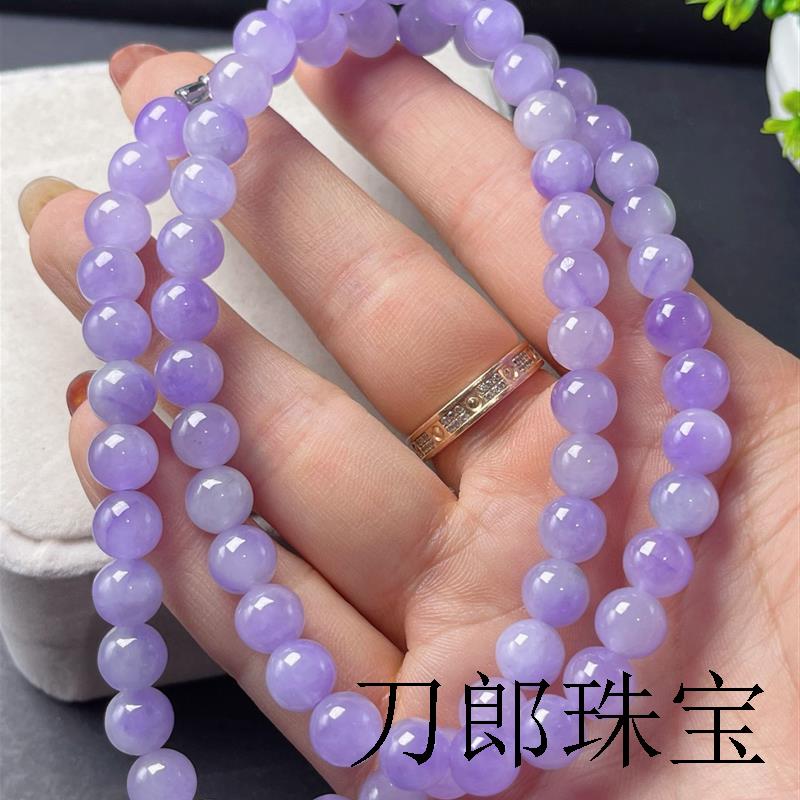 缅甸老坑冰种紫罗兰飘花翡翠色叠带圆珠玉石手链手串时尚饰品送礼