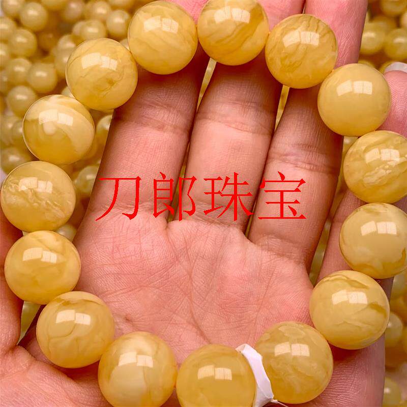 老矿蜜蜡手串鸡油黄白花蜡琥珀老型手链波罗的海俄罗斯男单圈珠串