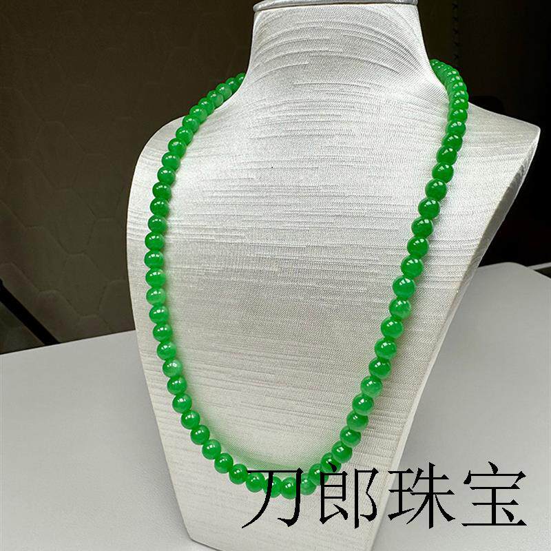 高端冰种阳绿帝王绿翡翠色圆珠项链女款满绿干青珠串送女友妈妈链