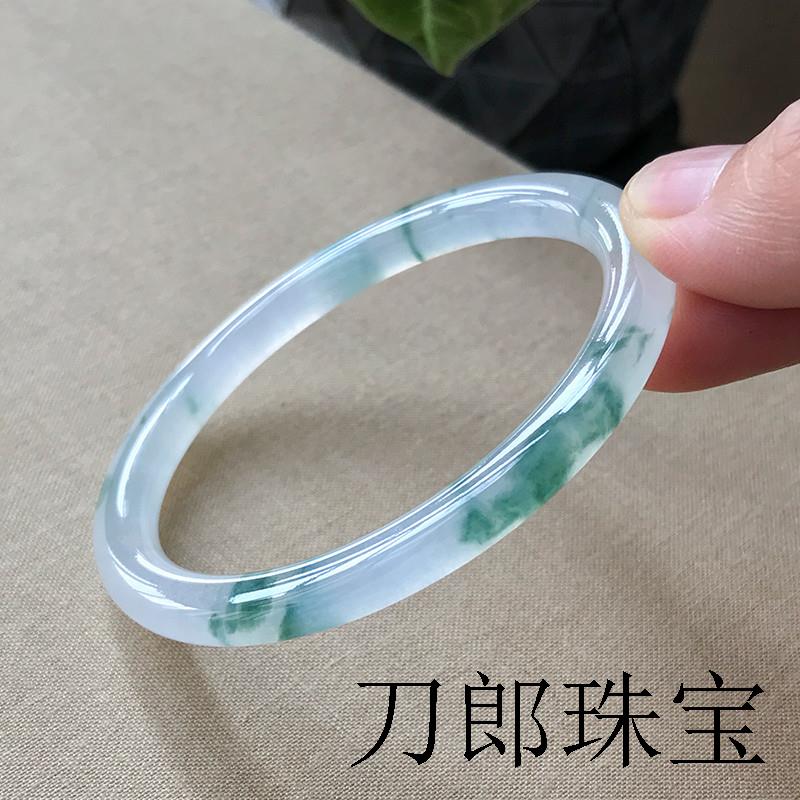 翡翠飘花玉镯子缅甸处理少女款水润通透细圆条冰种叮当玉手镯送礼