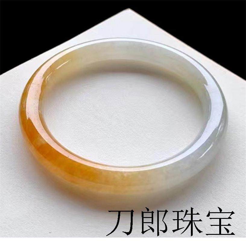 冰种黄翡圆条玉镯翡翠色水润阳绿飘花正圈镯缅甸老坑女款百搭手镯