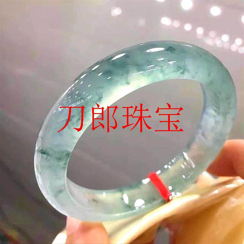 缅甸老坑冰糯种飘花翡翠色手镯圆条晴水绿花贵妃玉镯清冷古风女款