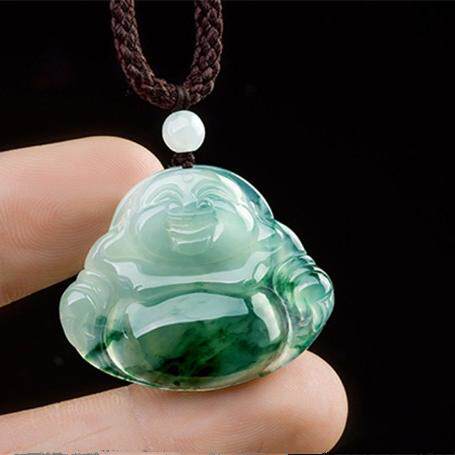 缅甸翡翠色玉佛高冰种浅绿飘花玉佛吊坠冰透翡翠弥勒佛国风感女款