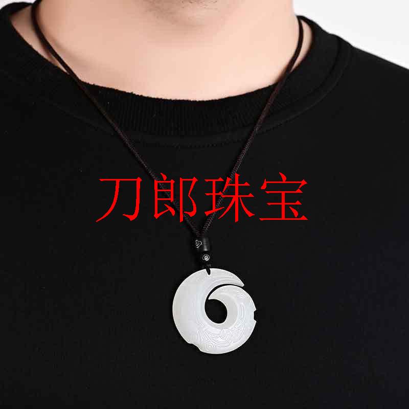 新疆和田玉平安扣时来运转吊坠毛衣项链男女同款双面雕刻白玉挂件