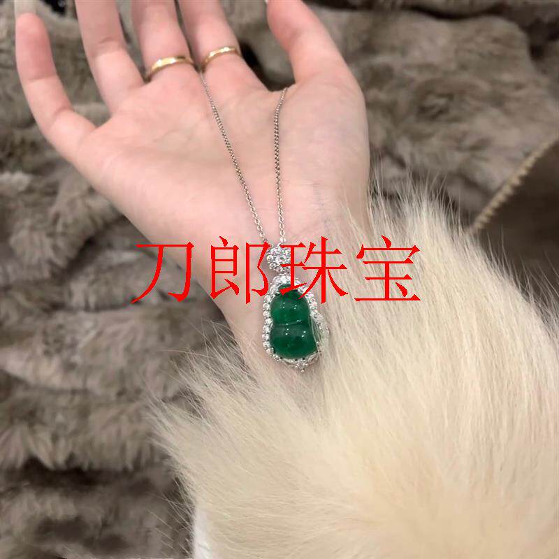 翡翠吊坠冰糯种镶嵌银饰玉石葫芦吊坠深绿色葫芦玉坠颈饰挂件送礼