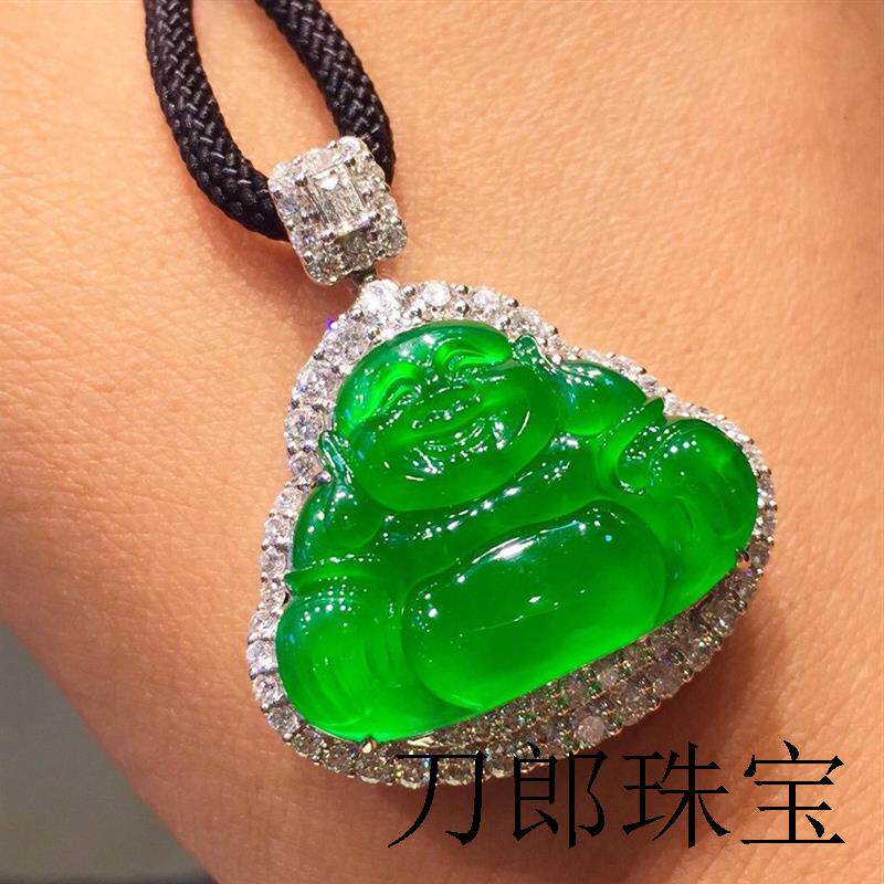 精选帝王绿冰种翡翠吊坠玉佛笑佛公弥勒佛玉男女款挂件阳绿送礼品