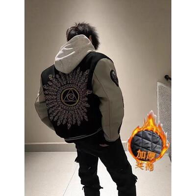 光明之眼vibe刺绣美式棒球服男女冬季百搭高街夹棉情侣款潮牌外套