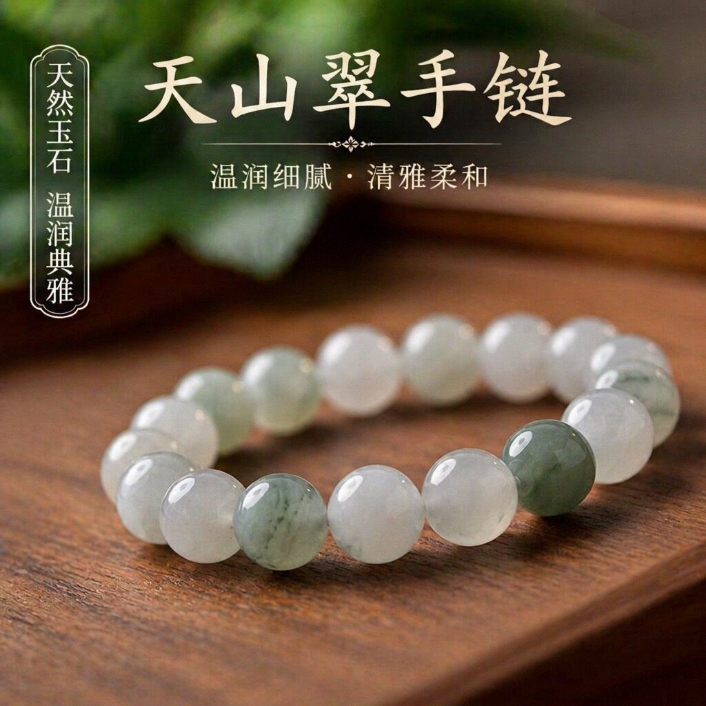 新疆金丝白玉货源直播手串批发冰种玉石翠玉手链女飘花天山款圆珠