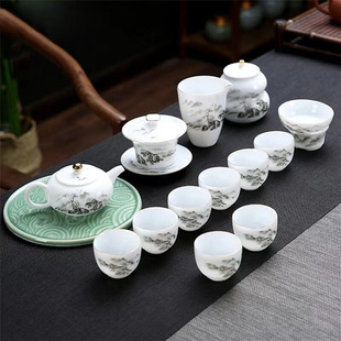 羊脂玉白陶瓷泡茶壶家用手绘盖碗茶杯礼盒装 新款 功夫茶具套装