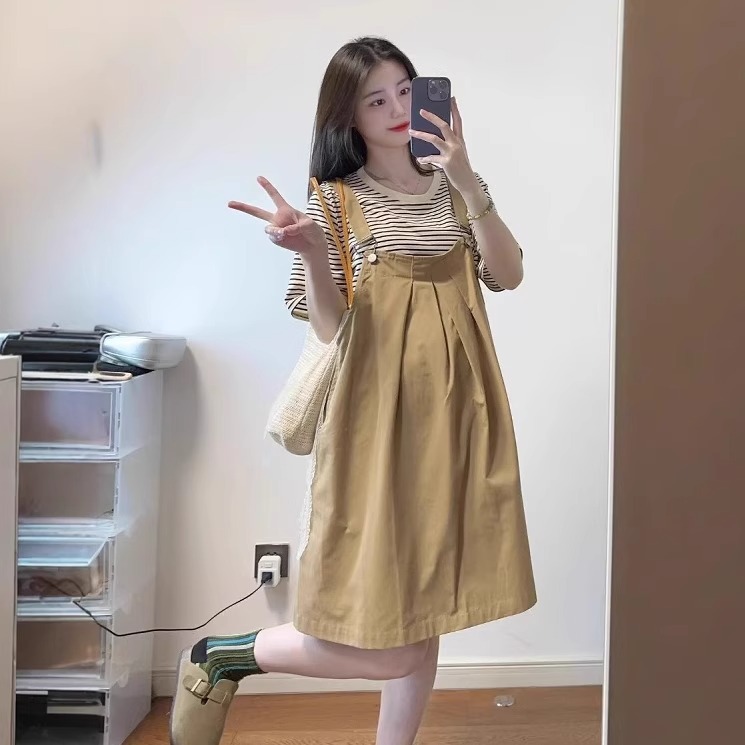 孕妇夏装连衣裙女2025新款时尚套装潮妈夏季小个子背带裙子两件套