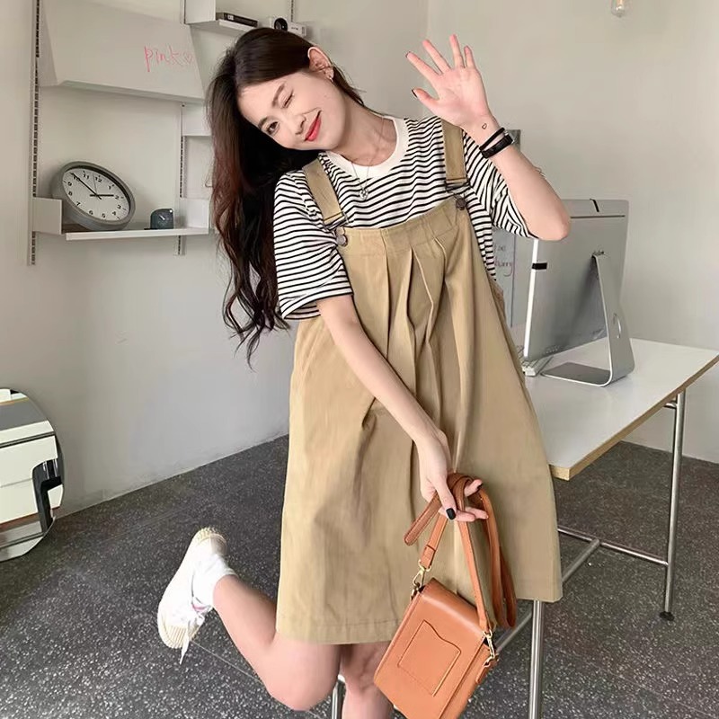 背带连衣裙孕妇装大码胖mm显瘦女夏日系宽松遮肚洋气减龄时尚套装