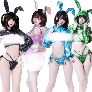 污喵社 炫彩漆皮兔女郎COS服连体衣女 三点式内衣套装 比基尼泳衣