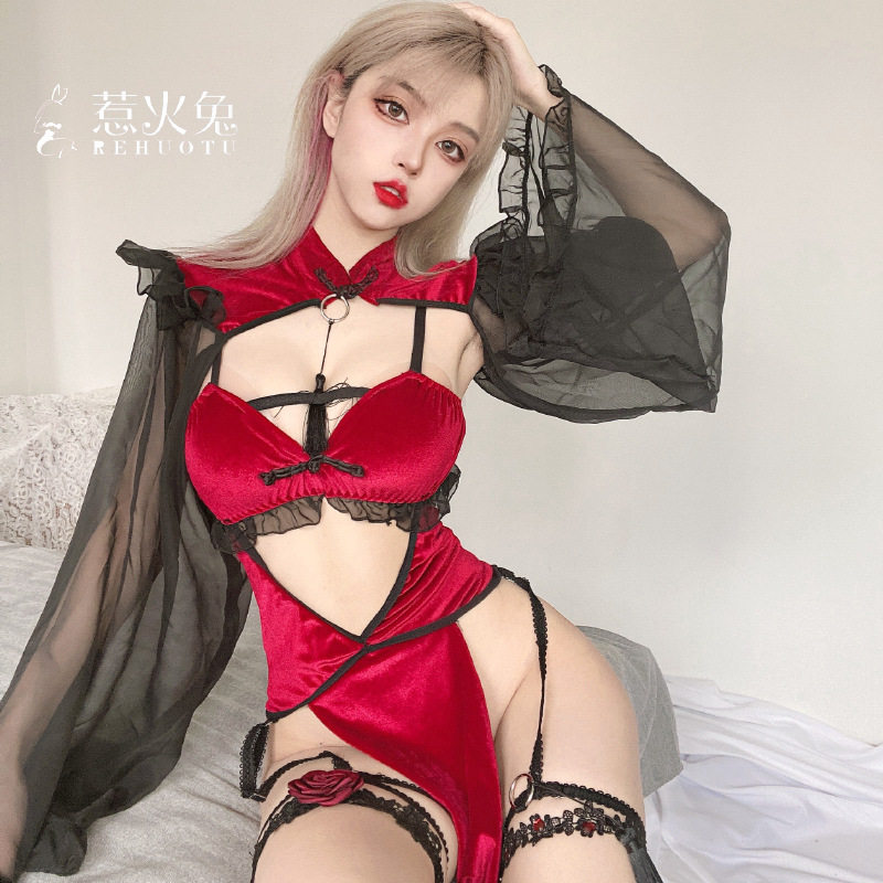 性感魅魔巫女露背镂空系带旗袍