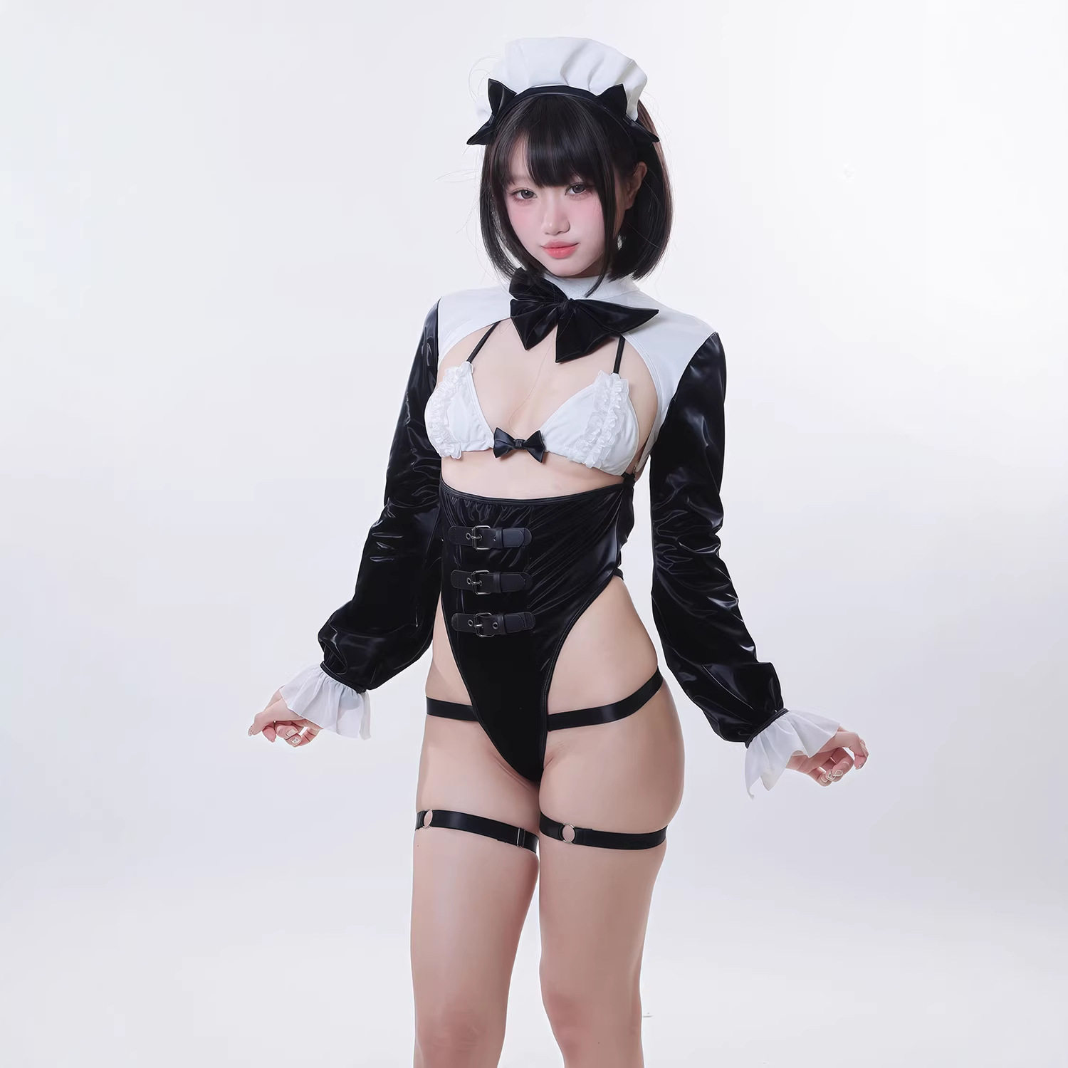 欧美宫廷风女仆装流光漆皮连体衣