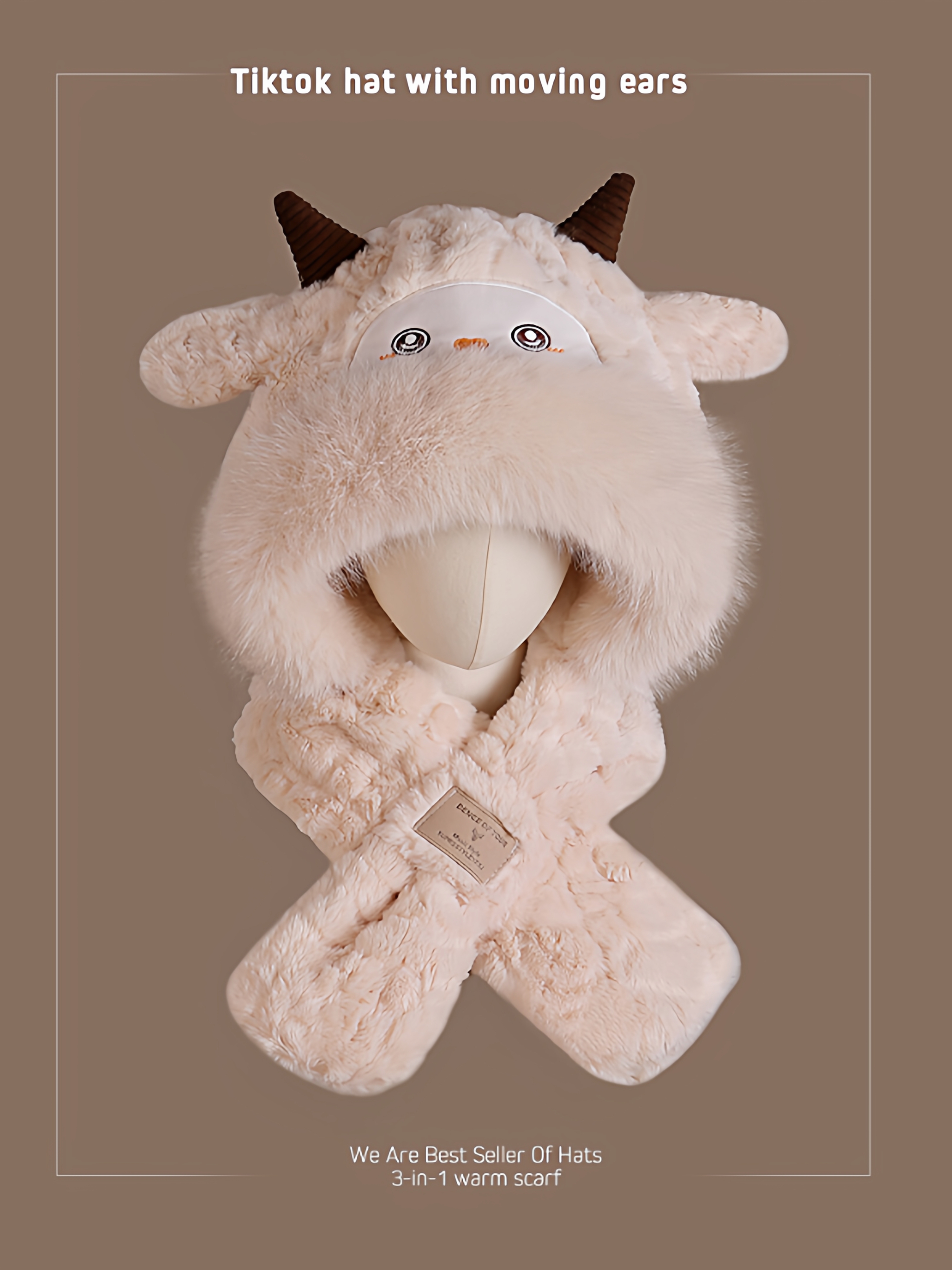 可爱小羊毛绒帽女秋冬耳朵会动帽子围巾一体加厚保暖护耳骑行防寒