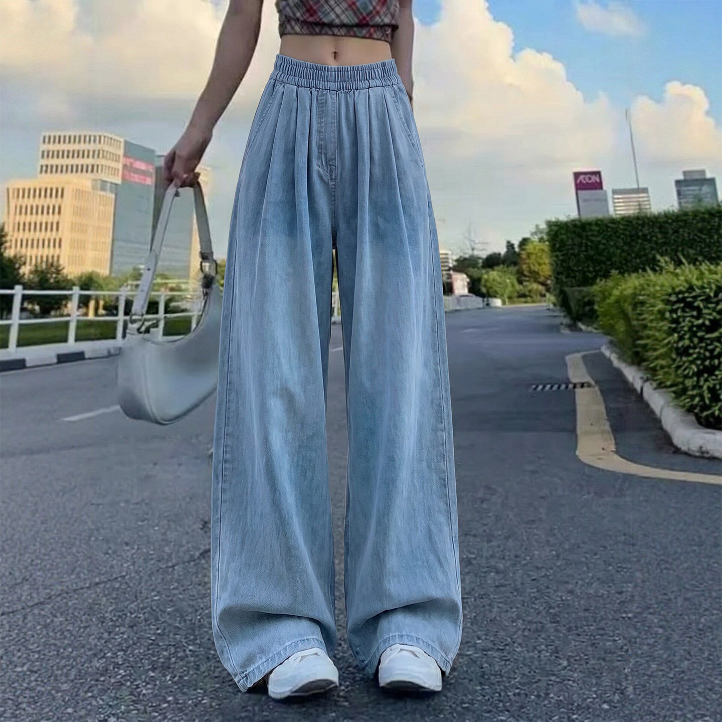 天丝阔腿牛仔裤女夏季薄款大码胖mm慵懒显瘦松紧腰垂感冰丝直筒裤