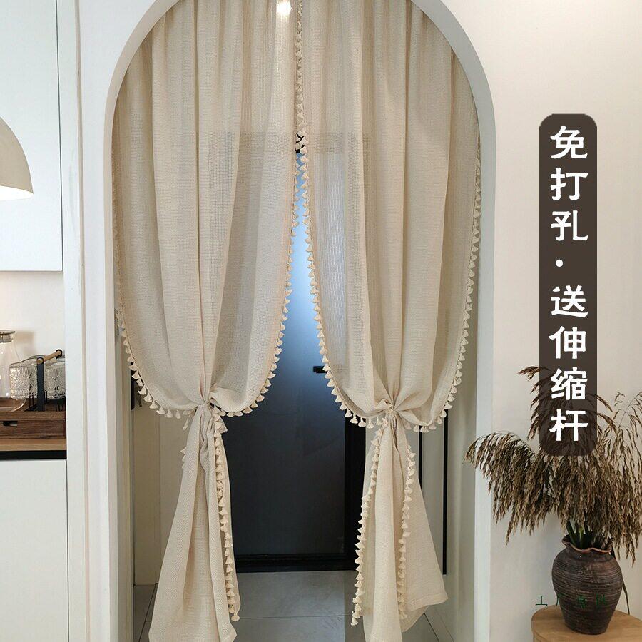 奶油中古风门帘棉麻朦胧感纱帘玄关泡芙奶咖隔断帘免打孔安装
