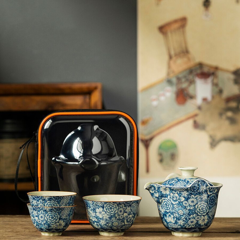 老陶泥青花旅行茶具套装便携式快客杯随身包一壶二杯户外喝茶装备